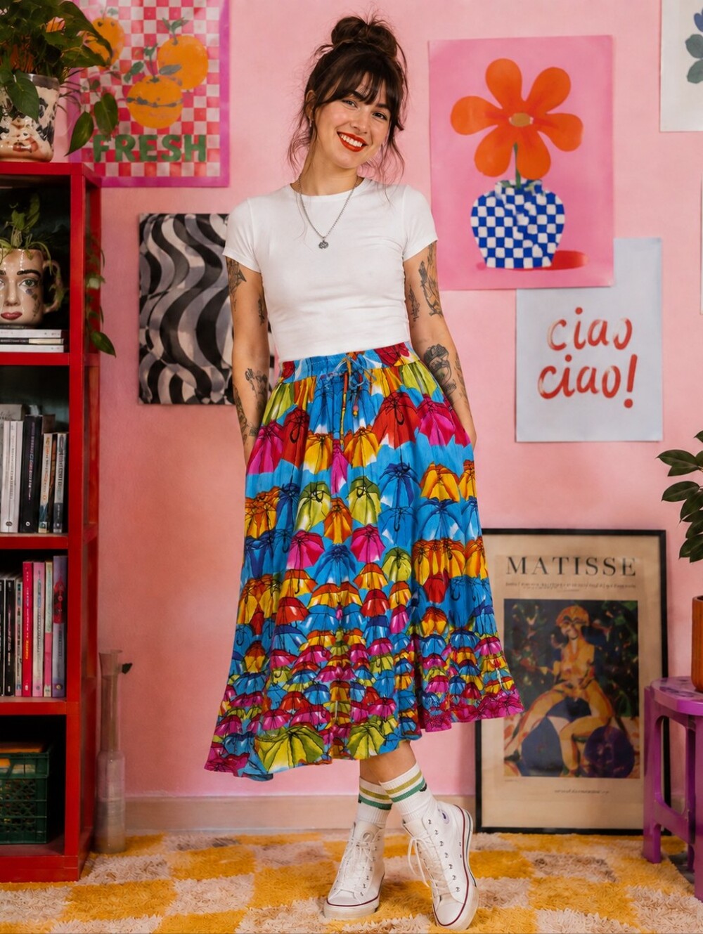 Gypsie Blue Umbrella Print Maxi Skirt Colorful Boho Size M